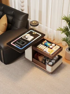 Solid Wood Smart Side Table with Wireless Charging & Saddle Leather for Living Room CJ10#