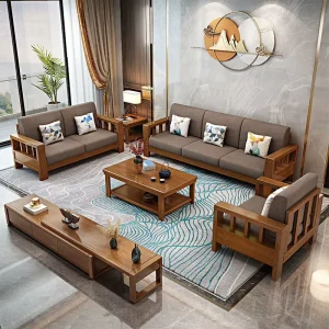 Solid Wood Sofa Set Modern Chinese Style Furniture Chaise Lounge Living Room Sofa Set