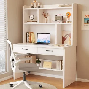 Solid Wood Student Computer Desk with Integrated Bookshelf for Home Study Bedroom Writing or Small Apartment Use