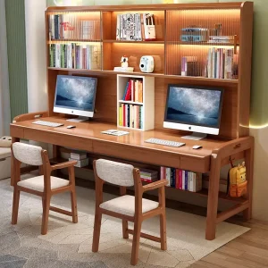 Solid Wooden Double Desk Bookshelf Combination Modern Simple Computer Desk Bookcase Long Study Table for Children’s Bedroom