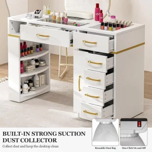 Source Factory Pink Nail Table with Built in Nail Dust Collector and Partitioned Storage Nail Desk