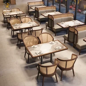 Southeast Asia Style Restaurant Furniture Set Commercial Rattan Wooden Dining Table and Chairs for Thai Hotel Cafe Bistro