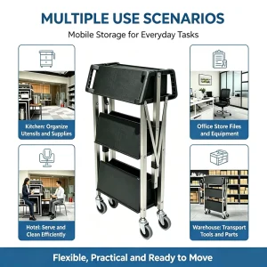 Space Saving 3 Shelf Service Trolley Heavy Duty Collapsible Rolling Hand Truck for Commercial Kitchen Catering Supply