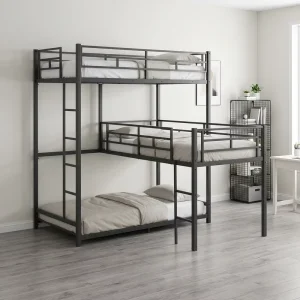 Space Saving Durable Steel Triple Bunk Bed with Ladder for Hotel Dormitory Apartment Bedroom Simple Design