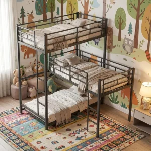 Space Saving Durable Steel Triple Bunk Bed with Ladder for Hotel Dormitory Apartment School Bedroom Simple Design