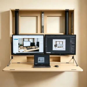 Space Saving Home Workstation Fit Two 27in Extra Wide Wall Mount Electric Sit Stand Murphy Desk Dual Monitor Fold Out Office OEM