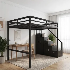 Space Saving Metal Loft Bed with Stair Storage for University Dormitory Furniture