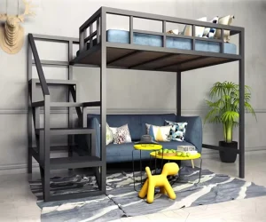 Space Saving Metal Loft Bed with Stairs and Lower Sofa Area for Dormitory Apartment Use