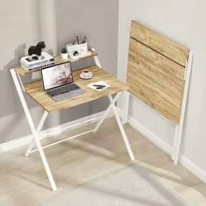 Space Saving Mini Computer Desk with Shelf Metal Frame Wooden Folding Small Laptop Table Corner Computer Table for Bedside