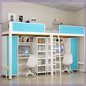 Space Saving Minimalist Dormitory Loft Bed with Integrated Desk Wardrobe and Bookshelf Heavy Duty Metal Bunk Bed for Teens