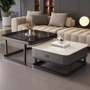 Space Saving Nesting Coffee Table with Sintered Stone Tops and Hidden Storage Drawers
