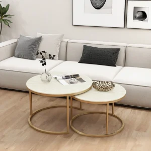 Space Saving Nordic Style 2 Piece Set Sintered Stone Top Round Gold Coffee Table Nesting Center Tables for Home Apartment