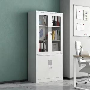 Space Saving Office Cabinet with Glass Door Light Gray Steel Storage Cupboard for Contemporary Workspace & Home Office