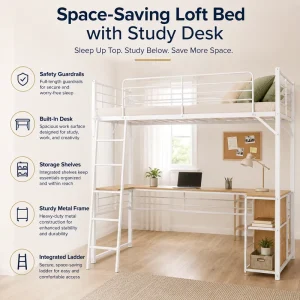 Space-saving Metal High Sleeper Loft Bed Combo with Integrated Desk and Bookshelf Study Bunk Bed for Apartment and Dormitory