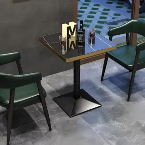 Square Bistro Table Marble Vein Top Gold Edge Single Pedestal Base Modern Commercial Restaurant Cafe Hotel Furniture