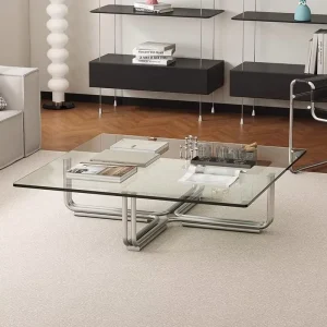 Square Coffee Table Transparent Tempered Glass Top Polished Stainless Steel Frame Low Profile Minimalist Modern Design