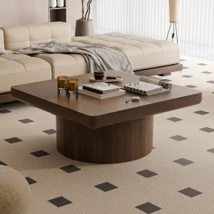 Square Coffee Table for Living Room Modern Cylindrical Base Thickened Tabletop Easy Assembly Walnut Colour