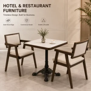 Square Marble Effect Dining Table Solid Wood Edge Cast Iron Base Beige Upholstered Chairs Hotel Restaurant Commercial Furniture