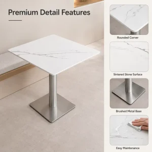 Square Sintered Stone Cafe Table Round Edge Brushed Steel Pedestal Base Heavy Duty Dining for Restaurant Custom