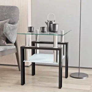 Square Tempered Glass End Side Table with Metal Frame Modern 2 Tier Coffee Table for Living Room Bedroom