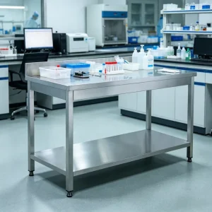 Square Tube Medical Hospital Workbench 316 Medical Grade Double Layer Stainless Steel Working Table with Storage Shelves