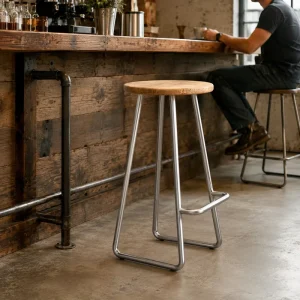 Stable 65cm Metal High Chair with Round Teak Finish Wooden Seat for Coffee Shop Pub Counter Bar Stool