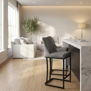 Stable Industrial Aesthetic Square Tube High Stools Stitched Leather Metal Frame Fixed Height for Tech Company Lounge