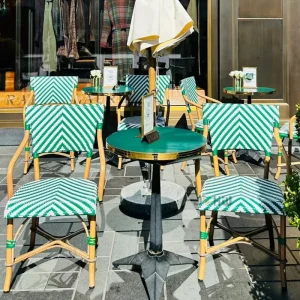 Stackable Rattan Hotel Garden Furniture French Green Commercial Cafe Restaurant Chair Modern Outdoor Table and Rattan Chair