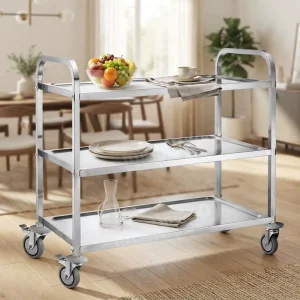 Stainless Steel 3 Tier Rolling Utility Cart With Brake Wheels Mobile Service Trolley for Restaurant Hotel Hospital