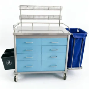 Stainless Steel 8 Drawers Hospital Nursing Trolley Medical Treatment Cart with Linen Bag and Trash Bin for Ward