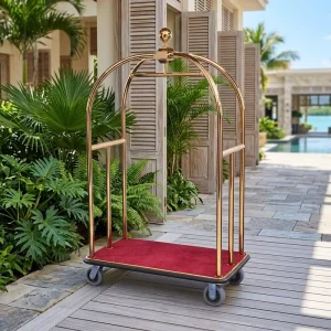 Stainless Steel Bellman Carrier Cart Used Grand Hotel Metal Bird Cage Luggage Cart Gold Hotel Bellboy Trolley