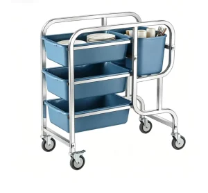 Stainless Steel Bussing Trolley 3 Layer Dish Collecting Cart With Waste Pails For Cafe Buffet School Canteen After Meal Cleaning