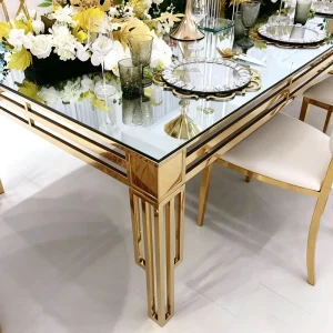 Stainless Steel Dining Table with Transparent Glass Top for Hotel Dining Tables and Wedding Parties
