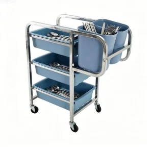 Stainless Steel Dish Trolley Cleaning Cart Collecting Cart Hotel Canteen Catering Tableware Transport With Plastic Trash Bins
