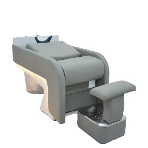Stainless Steel Frame Synthetic Leather Wood Shampoo Chair Ceramic Basin Shampoo Rinse Features Footrest for Salon Barber Shop
