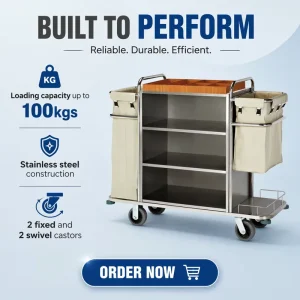 Stainless Steel Housekeeping Cart for Hotel Use Shelves Service Trolley with 2 Laundry Bags and Removable Top Holder