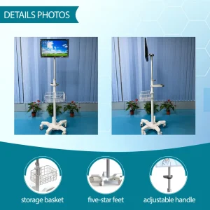 Stainless Steel Medical Monitor Trolley with Adjustable Height and 5 Castors for Hospital Use
