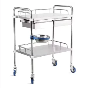 Stainless Steel Medical Trolley with 4 Casters Suitable for Emergency Rooms Double Drawer Medical Trolley