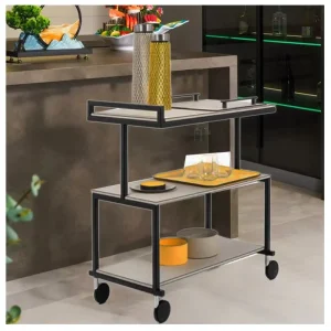 Stainless Steel Metal Leather Coffee Serving Trolley Cart for Kitchen Hotel Bar Dining Room with Wheels