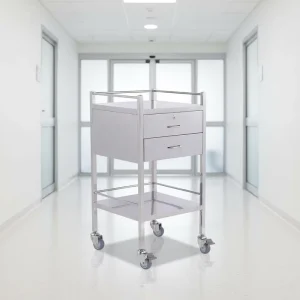 Stainless Steel Modern Medical Cart with 2 Drawers 2 Tier Hospital & Hotel Trolley with Lockable Wheels & Rails