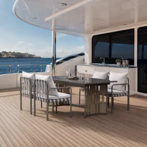 Stainless Steel Outdoor Dining Table Set with Woven Webbing Armchairs for Resort Restaurant and Yacht Club Projects