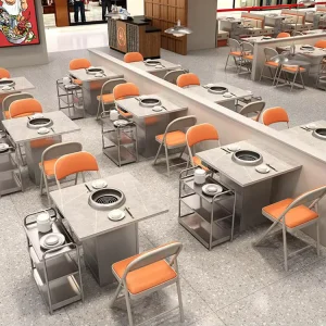 Stainless Steel Restaurant Furniture BBQ Table Booth Seating Leather Sofa Dining Barbecue Table Chair Set