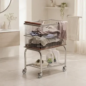 Stainless Steel Rolling Laundry Cart Dirty Clothes Storage Laundry Basket Trolley With Wooden Handle Wheeled
