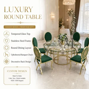 Stainless Steel Round Dining Table with Tempered Glass Top for Wedding Banquet Hotel Event
