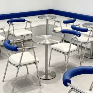 Stainless Steel Round Tables and Upholstered Stools Restaurant Furniture for Snack Bars and Dessert Shops