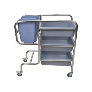 Stainless Steel Round Tube Mobile Cleaning Trolley with 4 Wheels 5 Plastic Bowls 80kg Capacity 800x460x880mm for Restaurant Use