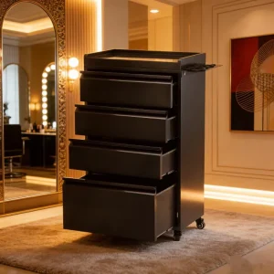 Stainless Steel Salon Barber Cabinet Storage Drawers Trolley 4 Wheel Durable Modern Design Furniture for Bathroom and Bedroom Use