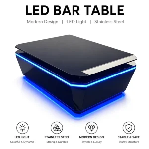 Stainless Steel Square Garden Go Sound Bar Table Tall LED Glow Cocktail Counter with Blue Ambient Light Modern Pub Furniture