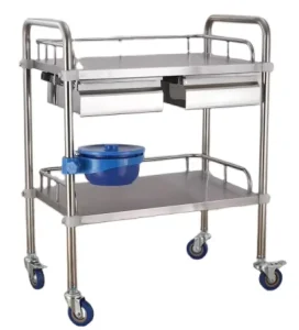 Stainless Steel Two Drawers Hospital Instrument Trolley with Wheels