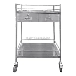 Stainless Steel Two Drawers Instrument Rolling Cart Hospital Trolley with Wheels BS 638